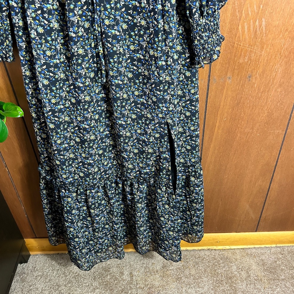 Petal + Pup Floral Maxi Dress Blue Yellow Ruched Tie Front Long Sleeve Size Boho - Picture 8 of 9